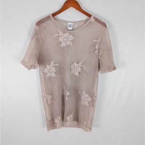 Colon Wear Womens Blouse Large READ‎ Top Floral Short Sleeve Round Neck Sheer